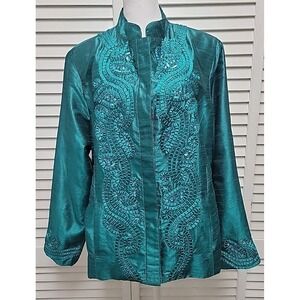 Chico's Size 2 12/14 Deep Emerald Twirling Applique Tiena Jacket Long Sleeve EUC